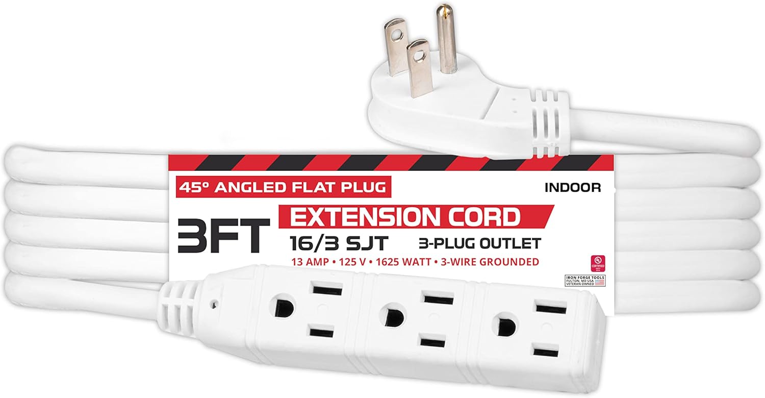 Iron Cable 3 Ft Flat Plug Extension Cord 3 Outlets