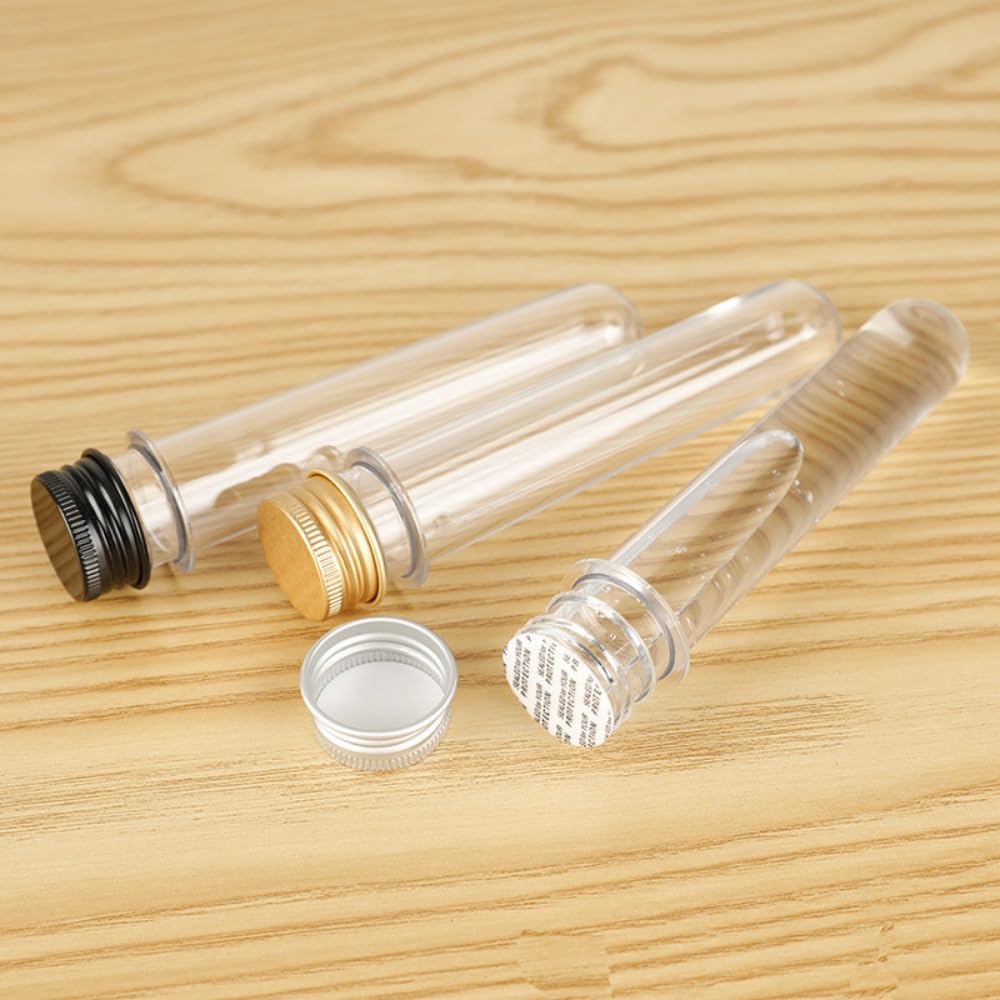 50pcs 30ml-100ml Empty Refillable Clear Plastic Test Tubes with Screw Aluminum Caps for Scientific Experiments Bath Salts Candy Storage Party (Black Aluminum lid,30ml)