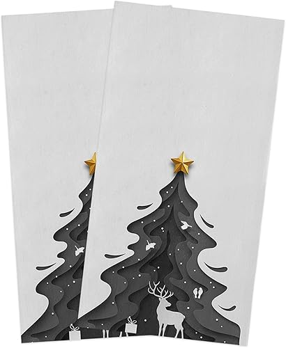 Kitchen Towels Reversible for Drying Dishes, Black Xmas Tree Grey Elk Bird Christmas Set of 2 Dishcloths Cotton Hand Towels, Absorbent Dish Towels