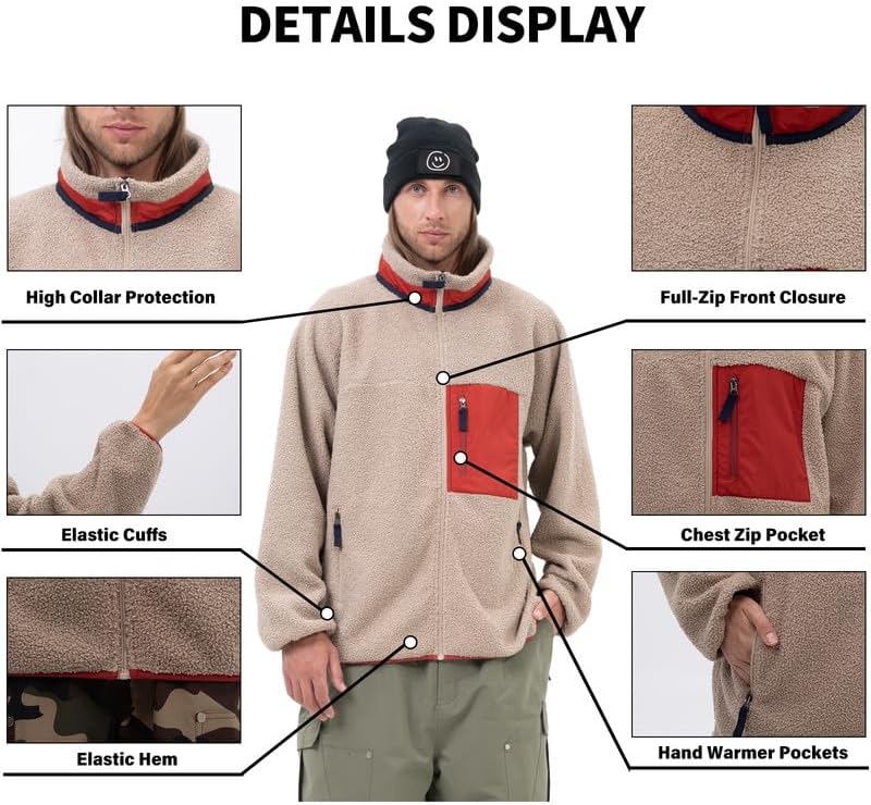 Snowshred Men's Fleece Sherpa Snow Jackets Mountain Full-Zip Ski Coat Fuzzy Snowboard Outerwear Casual Winter Streetwear