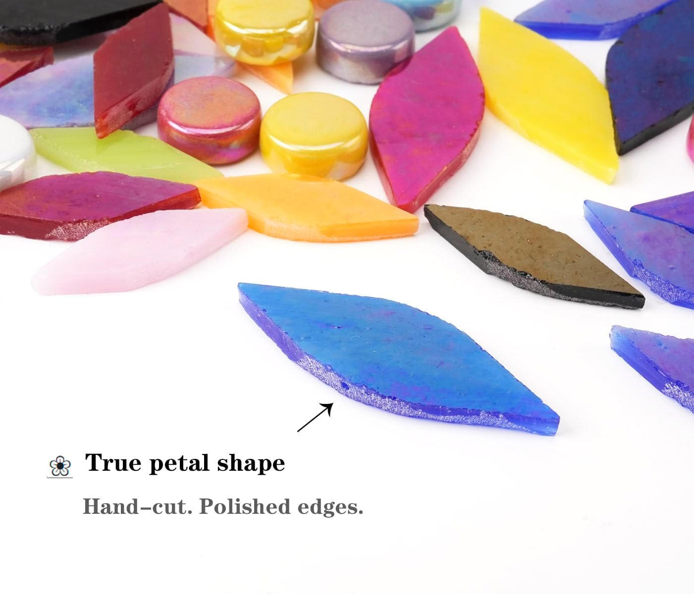 Lanyani Iridescent Petal Mosaic Tiles, Hand-Polished Stained Glass Tile for Flower Designs, Vibrant Glass Mosaic Pieces Assortment for DIY Crafts & Home Decor, 150 Pieces of Tile