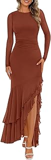 Women's Maxi Dresses Fall 2025 Long Sleeve Ruched Bodycon Solid Ruffle Mermaid Cocktail Wedding Guest Dress