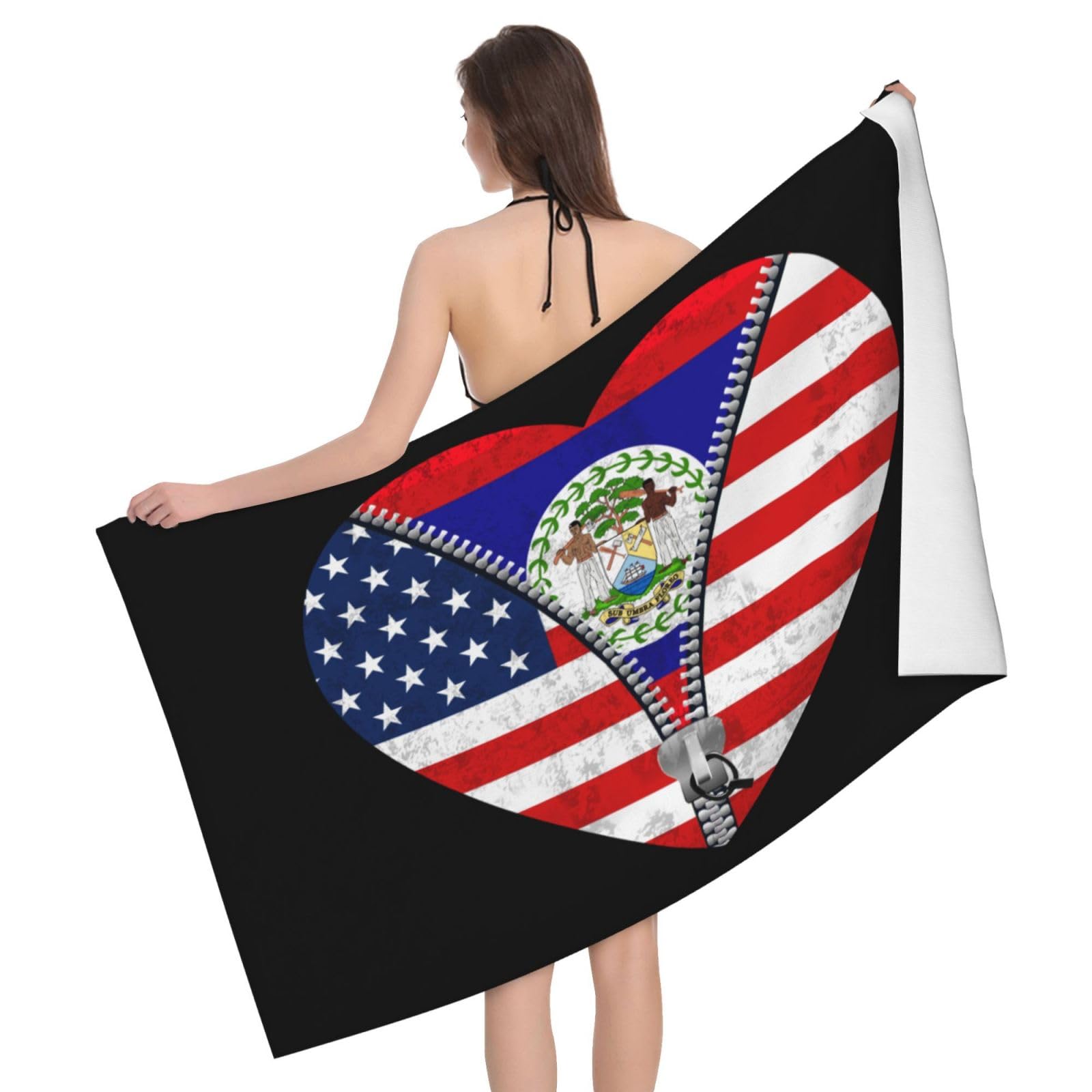 HLBSDM Microfiber Heart America Flag and Belize Flag Beach Towel Quick Dry Soft Sand Free Beach Towels for Pool Swim Beach Lightweight Thin Towels