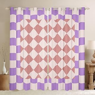 Feelyou Checkered Geometric Curtains for Bedroom Living Room Pink Purple Plaid Blackout Shades Checkerboard Modern Aesthetic Room Darkening Curtain Grey Window Treatments, 2 Panels 42 x 90 Inch Decor