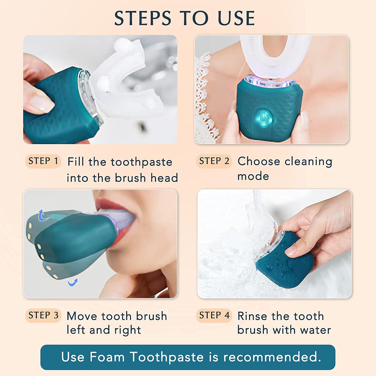 Cepillo de dientes eléctrico ultrasónico, cepillo de dientes automático en forma de U para adultos, 360°, cepillo de dientes de boca entera blanqueamiento IPX7 impermeable