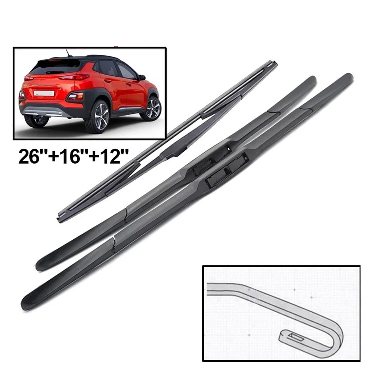 Coche Limpiaparabrisas para Hyundai para Kona 2017-2023 Juego De Escobillas Limpiaparabrisas Delanteras Y Traseras De 26" + 16" + 12" Parabrisas Escobillas para Lluvia Limpiaparabrisas Silencio