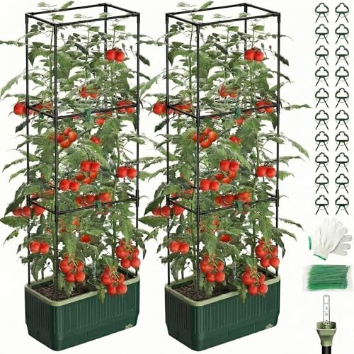 MQJIAZHI 2 Stück Tomatentopf mit Rankhilfe 130cm Selbstbewässernder Pflanzkübel mit Rankgitter Garten Spalier mit Pflanzkasten Hochbeet für Kletterpflanzen Gemüse Kübel für Balkon und Garten