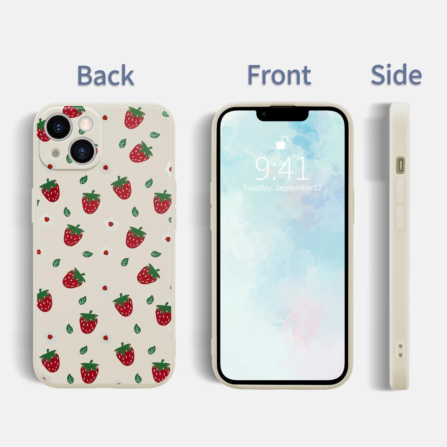Cute Strawberry Floral Phone Case for iPhone 15 Strawberry Case Cover Liquid Silicone Soft Gel Rubber Matt Phone Cover with Microfiber Lining Protective Cover - Image 2