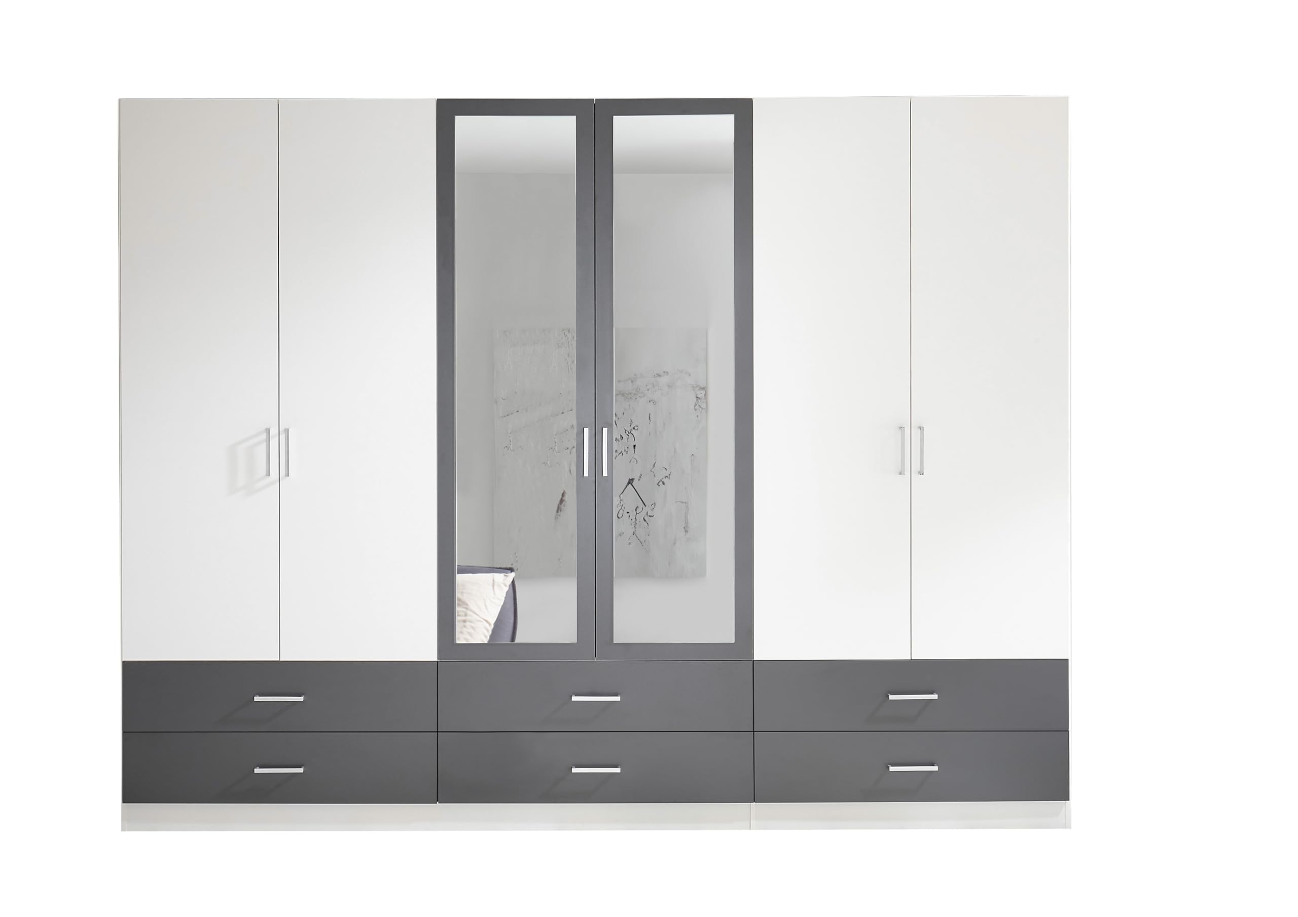 AVANTI TRENDSTORE Lambrugo - Armadio a 6 ante battenti, di cui 2 con specchio e 6 cassetti, in legno laminato di colore bianco/grafite. Misure ca. LAP 272x211x55 cm.