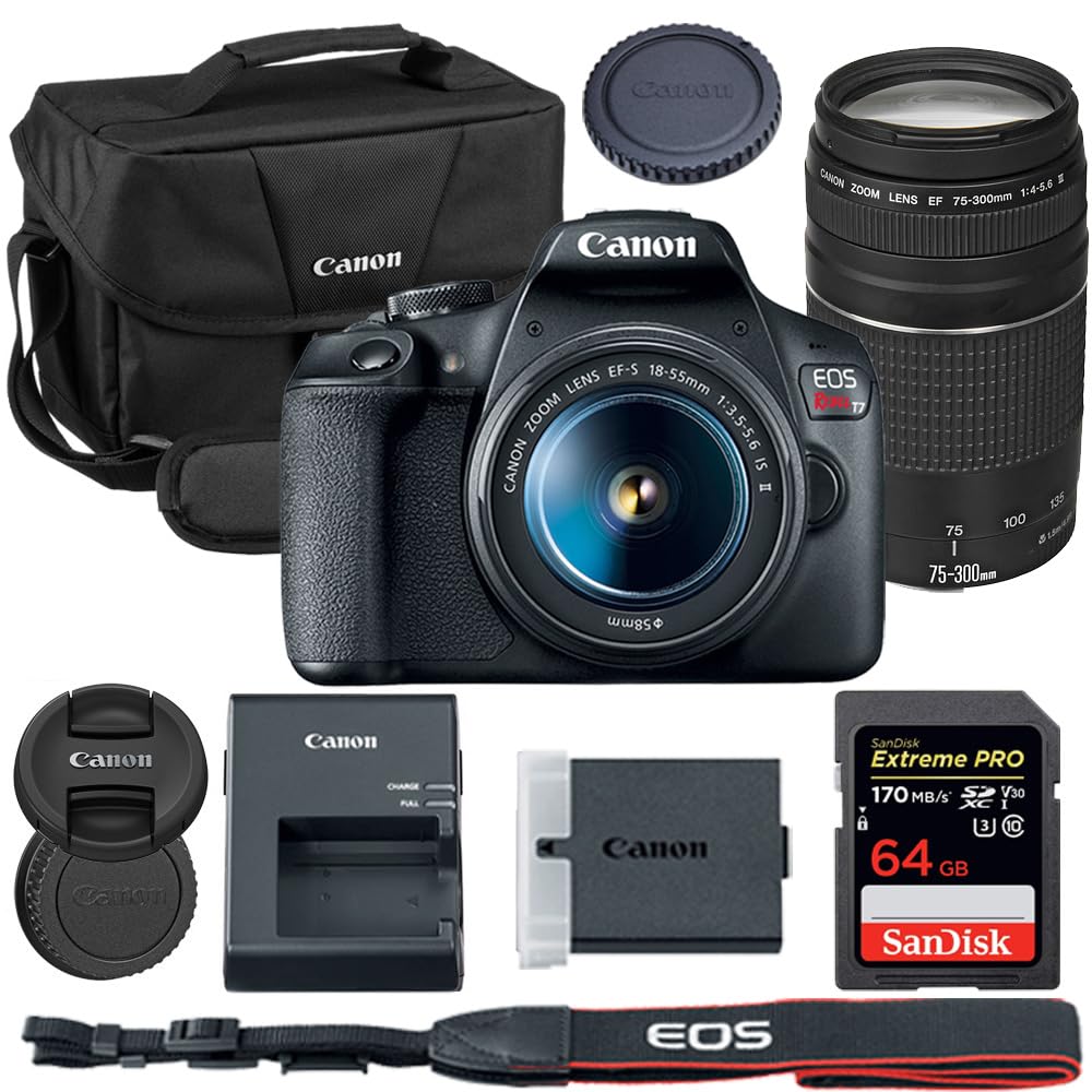Canon EOS Rebel T7 DSLR Camera with 18-55mm & 75-300mm Lens Bundle with Canon 200ES EOS Shoulder Bag + 64GB Extreme PRO Memory Card