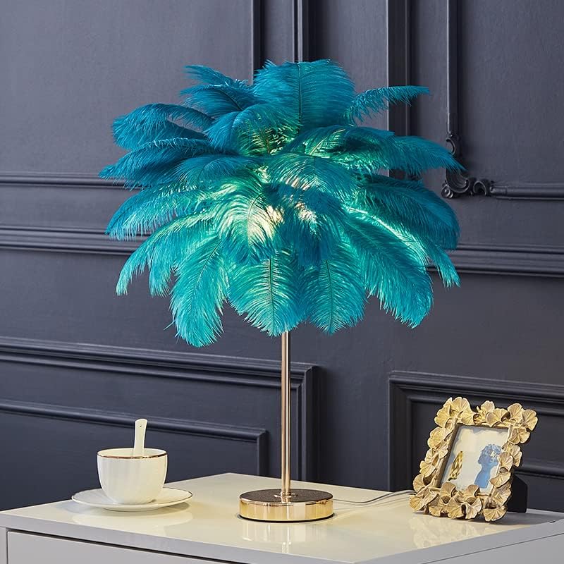 PLATU LED Feather Table Lamp, Ostrich Feather Indoor Decor Stand Light, Feather Lampshade Night Lamp, Tree Feather Lampshade Wedding Home Bedroom Décor (Blue)