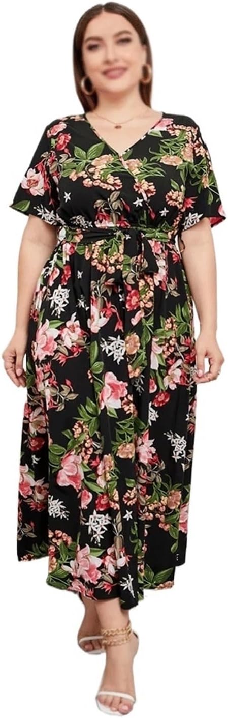 JSEIAJB Woman Dress Female V Neck Short Sleeve Floral Print Boho Beach Dress Belted Maxi Long Dresses