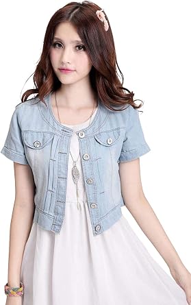ebossy Womens Short Sleeve Round Neck Lightweight Cropped Denim Jean Jacket