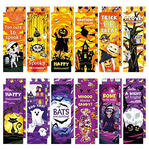 YoeeJob 12 pcs Halloween Theme Bookmarks Bulk for Kids Cute Pumpkins Skulls Page Marker Personalized Bookmark for Friend Classroom Rewards Supplies