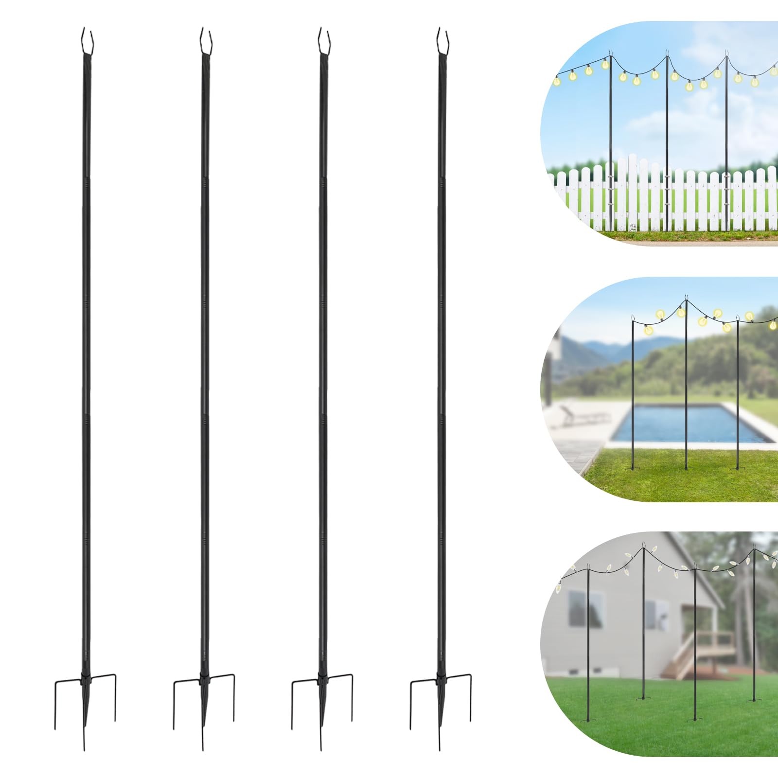 String Lights Poles Set di 4 aste in metallo per esterni, 3 m, per catena luminosa, asta esterna stabile con forcella e punta per giardino, terrazza, balcone, matrimonio, festa, illuminazione