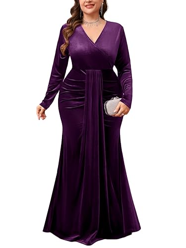 ZOMVA Plus Size Velvet Wrap Dress Long Sleeve V Neck