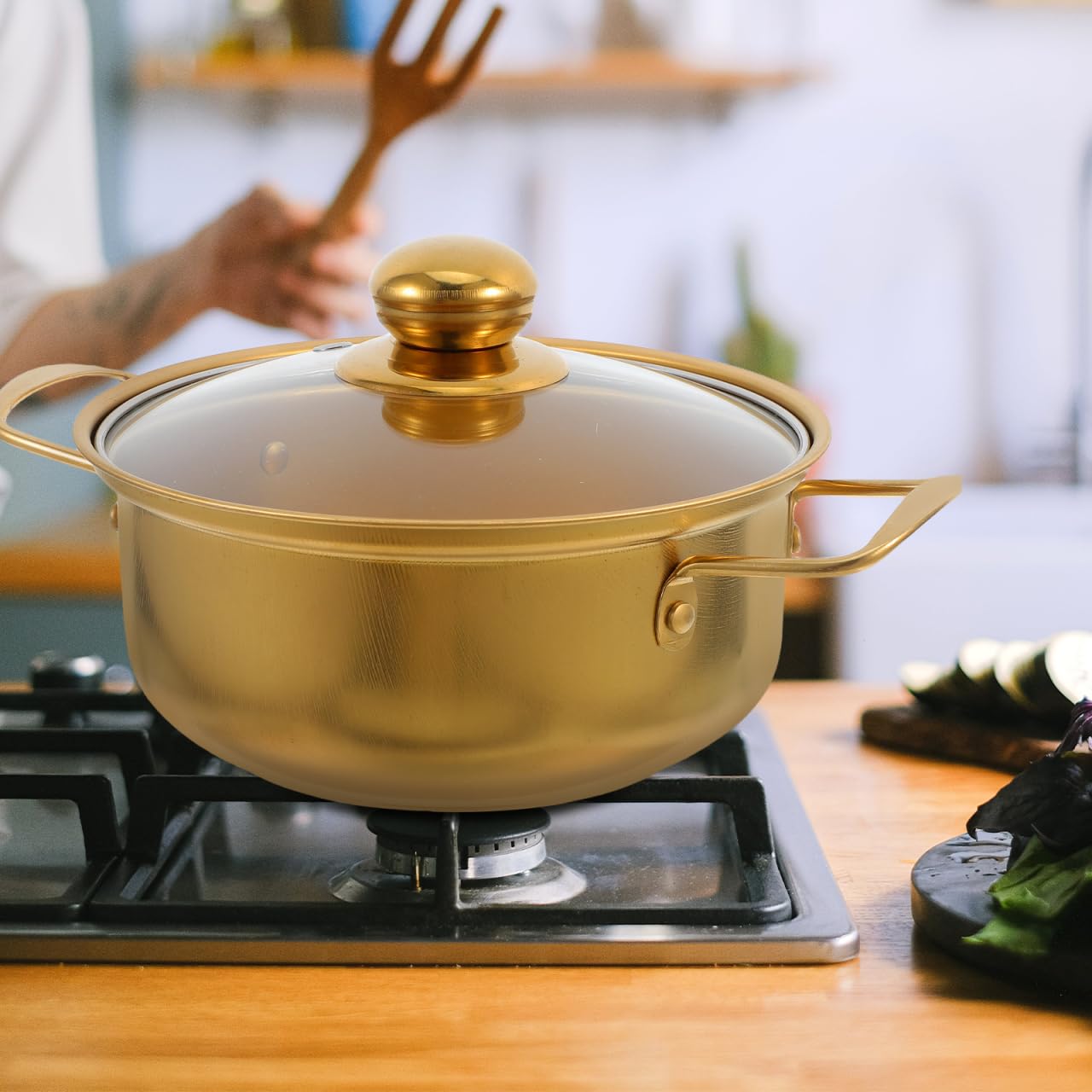 Luxshiny - Olla para sopa (acero inoxidable, con tapa de cristal, pequeña olla de doble asa, compatible con inducción rápida para fideos y sopas