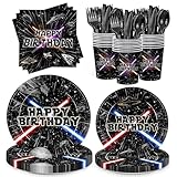 Detanpoly 168pcs Galaxy Birthday Party Plate Napkin Disposable Tableware Set Paper Cup Black Forks Space Theme Decorations for Birthday Party Supplies Serve 24 Guests