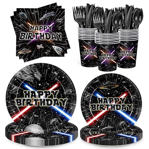 Detanpoly 168pcs Galaxy Birthday Party Plate Napkin Disposable Tableware Set Paper Cup Black Forks Space Theme Decorations for Birthday Party Supplies Serve 24 Guests