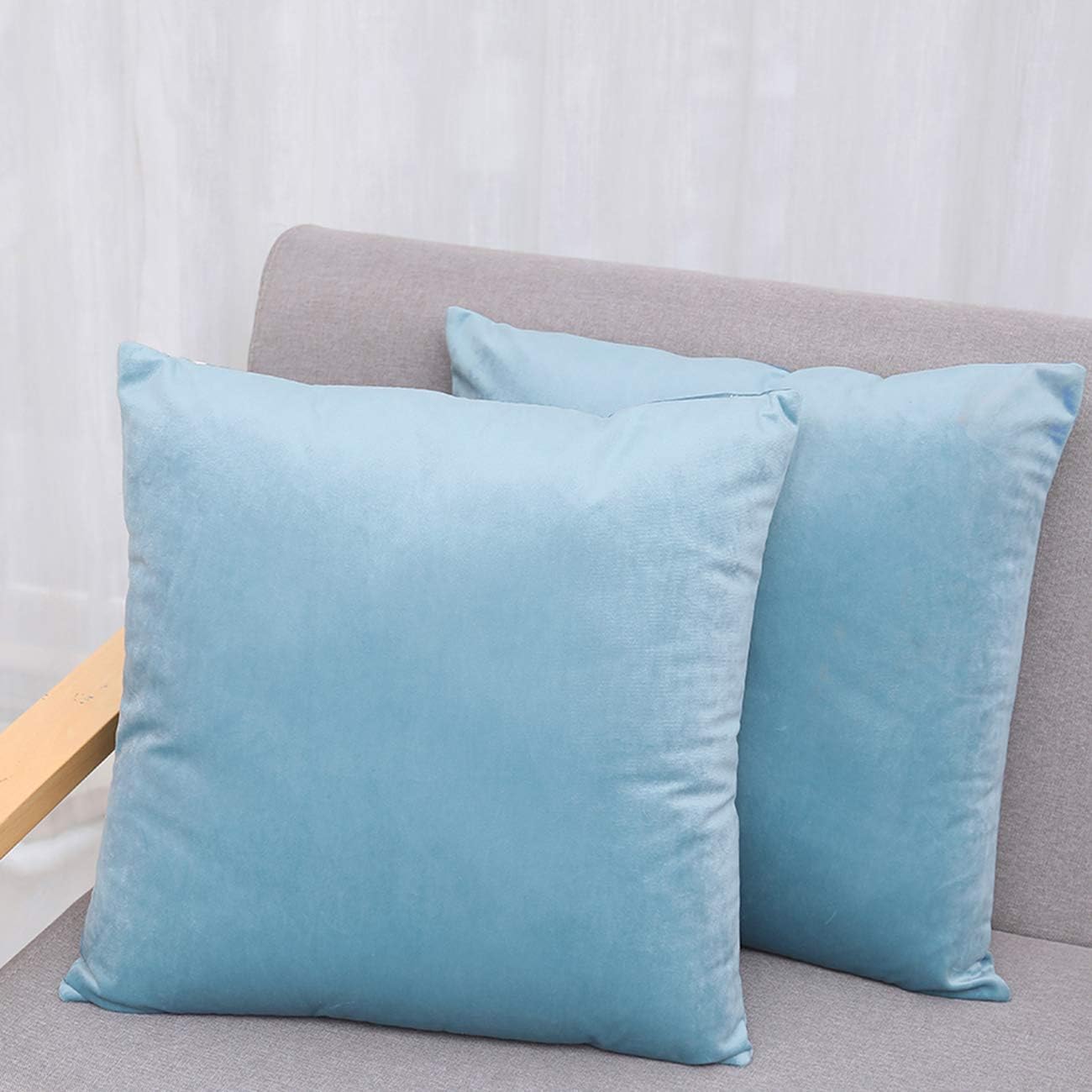 Ogrmar 2PCS Velvet Throw Pillow Covers Decorative Square Pillow Cases Soft Solid Cushion Cover for Sofa Couch Home Car Decor (Light Blue, 18" x 18")