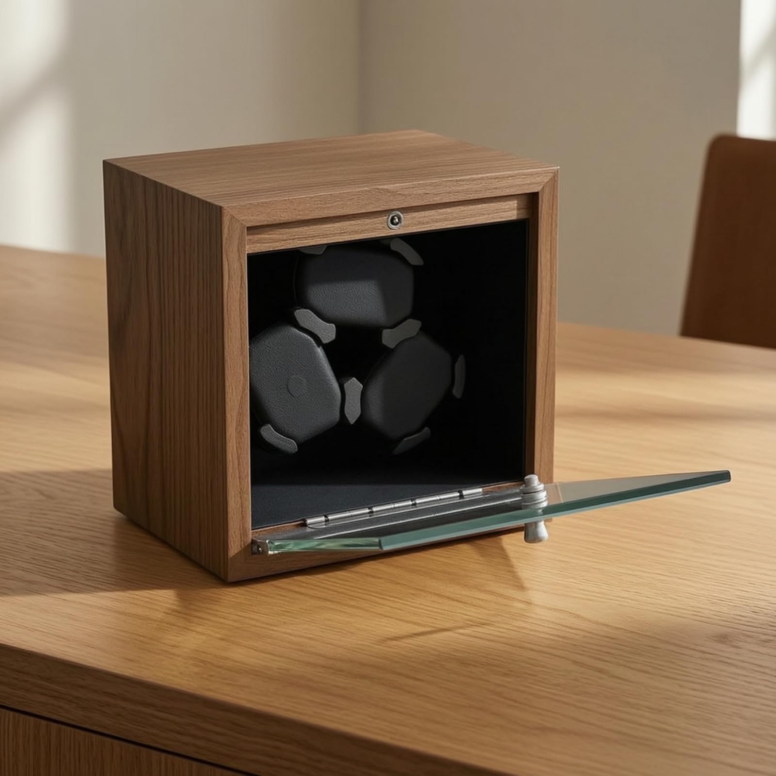 Uhrenbox mit Glastür Holzoptik Uhrenbeweger Stilvoll Uhrenbewegerbox für Uhrensammler, Kommode