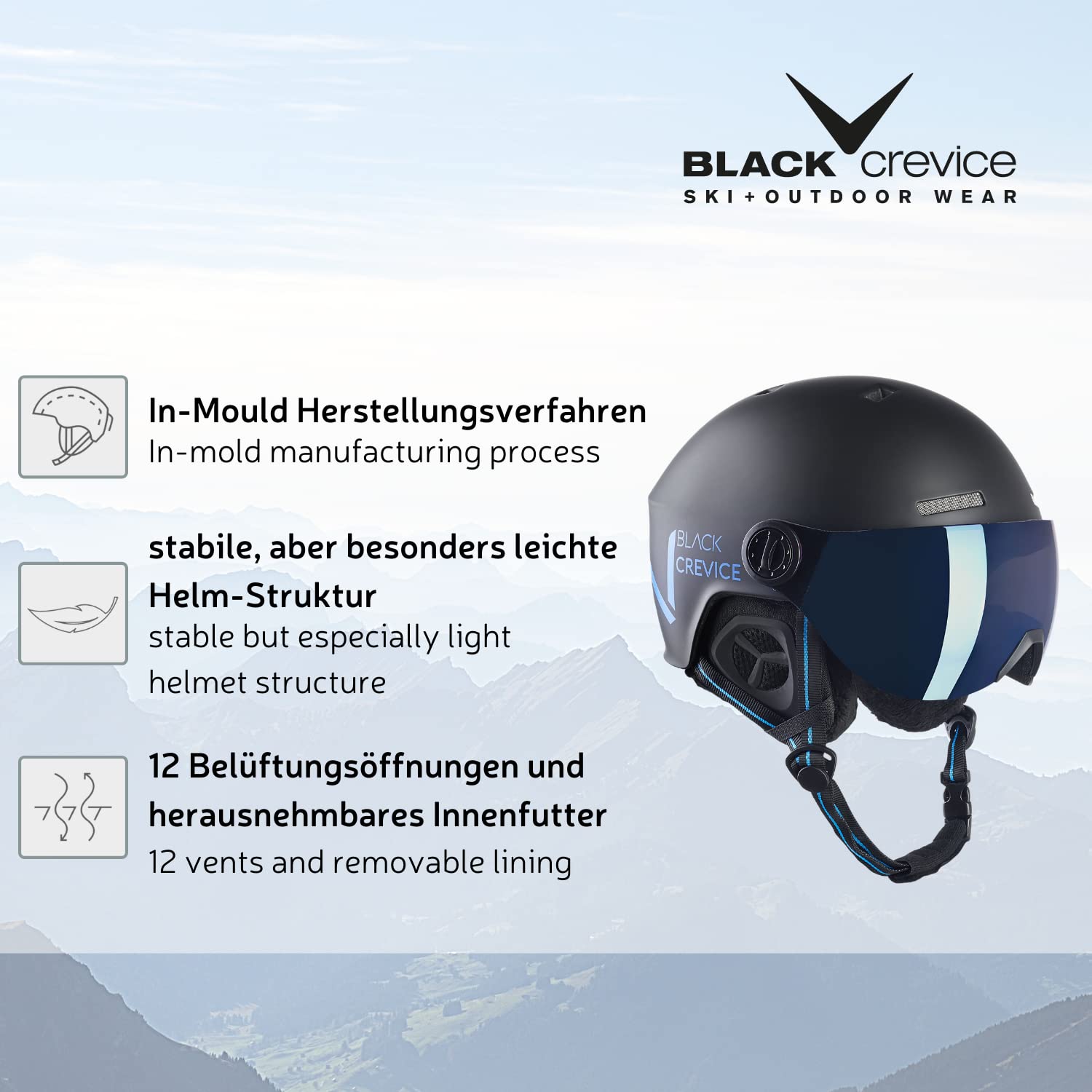 BLACK CREVICE Casco da sci Sölden I Casco da sci con visiera stile pilota in diversi colori I Casco da sci Uomo & Donna I Casco da snowboard unisex I Casco da sci traspirante I Regolabile