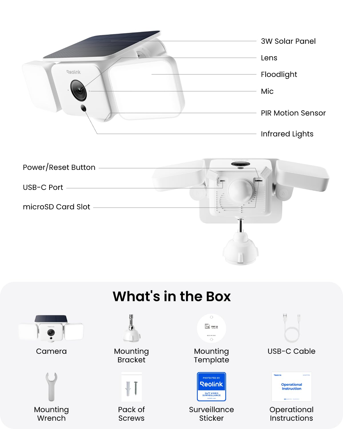 Reolink Solar Floodlight Cam, Bezprzewodowa Zewnętrzna Kamera Monitoringu 2K 150°, Oświetlenie Do 1000 Lm I Alarm Syreną, Reflektor Aktywowany Ruchem AI/PIR, Kolorowy Tryb Nocny, WiFi 6, IP66