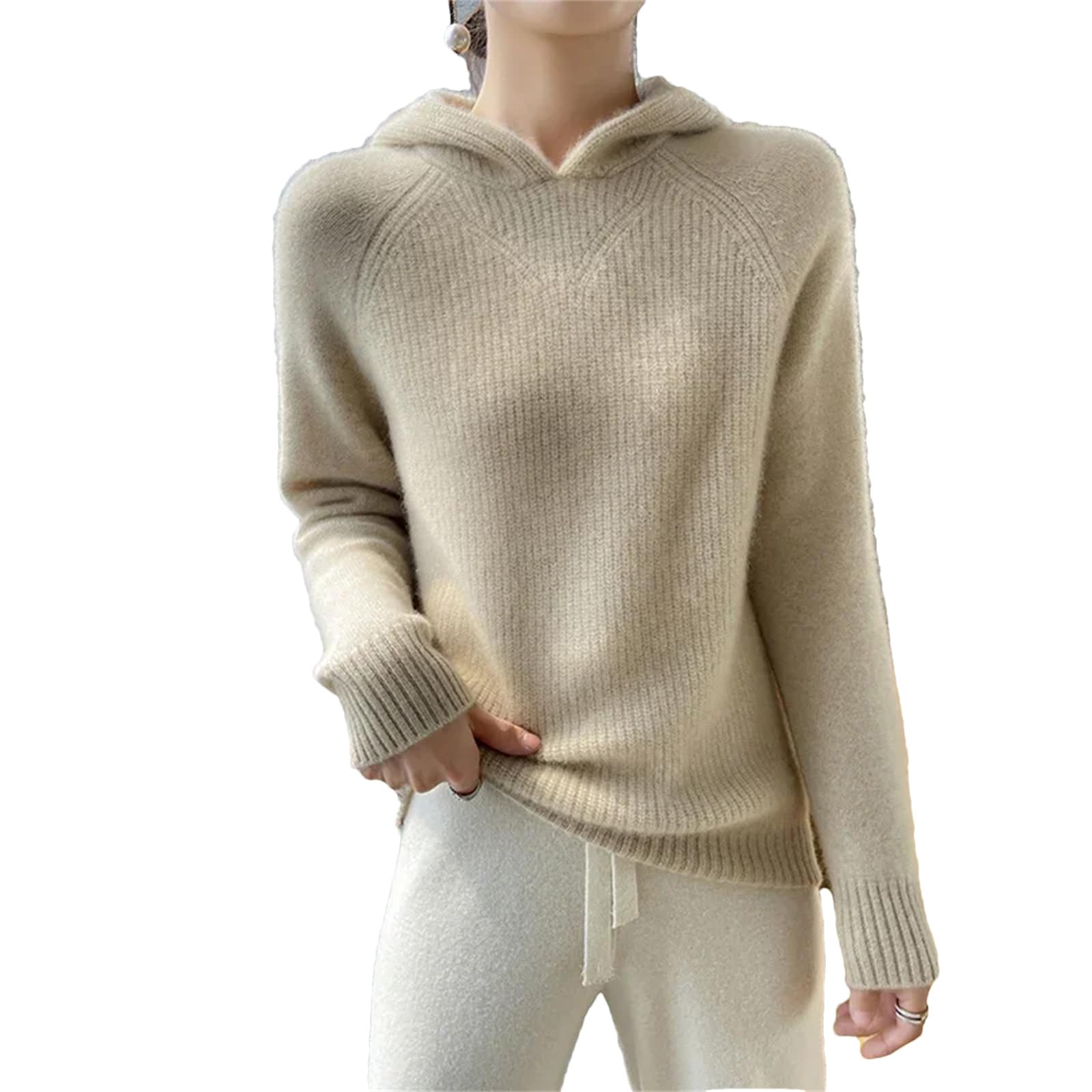 Yeuyyben Maglione da donna in cashmere con cappuccio allentato casual da donna maglioni invernali con cappuccio a maniche lunghe, Riso Crudo Fleece, XS