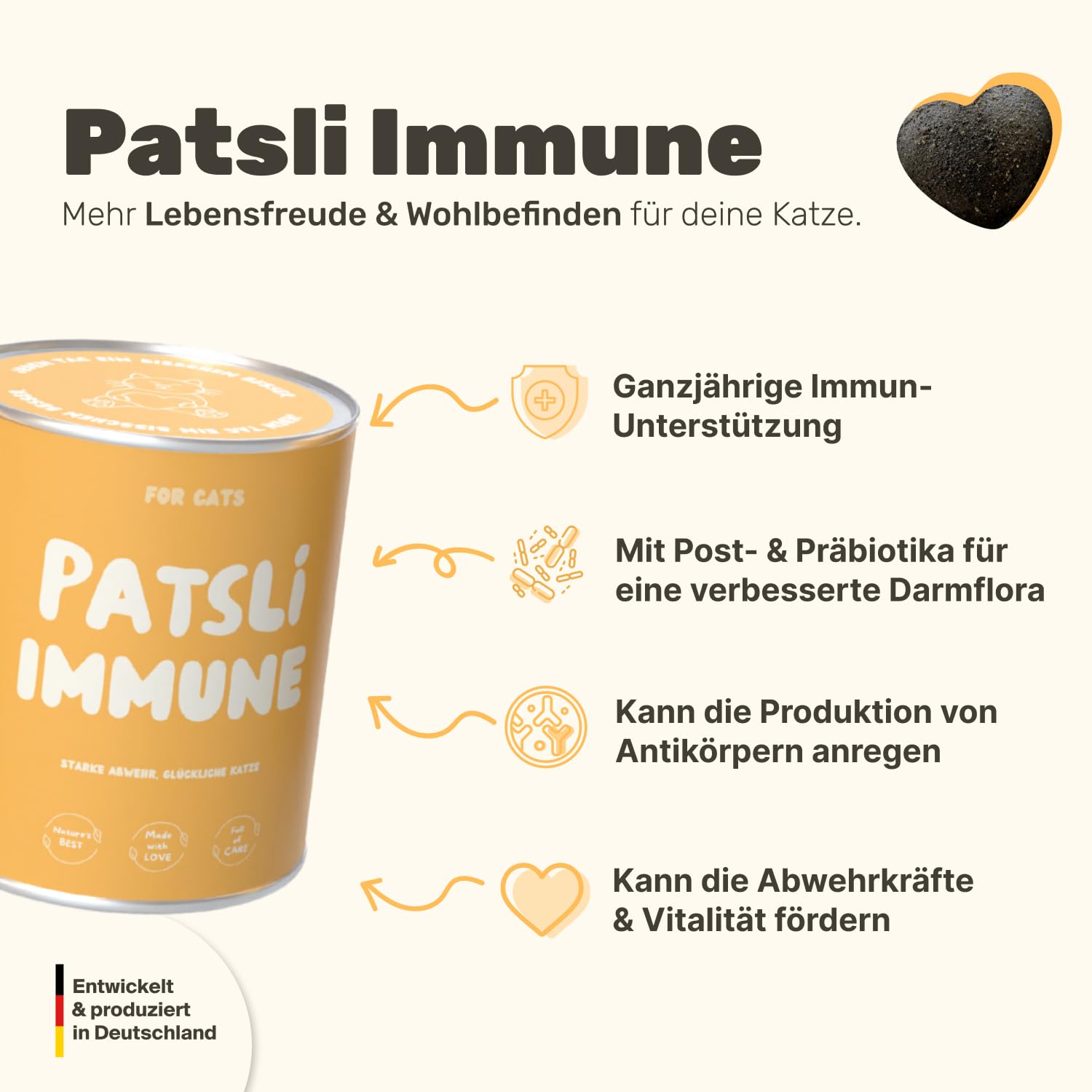 4-in-1 Immunsystem Leckerli für Katzen | Stärkt Abwehrkräfte mit Inulin, Hagebutte & Vitaminen | Ergänzungsfuttermittel für Katzen | Immunsystem Katze | Tierärztlich entwickelt | Patsli Immune