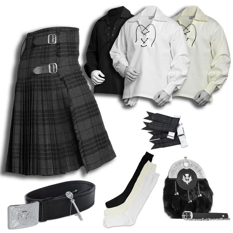 BELGLY Scottish Kilt for Men - 08 Pcs Kilt Accessories for Men, Scottish Outfit, Grey Watch Night 32''