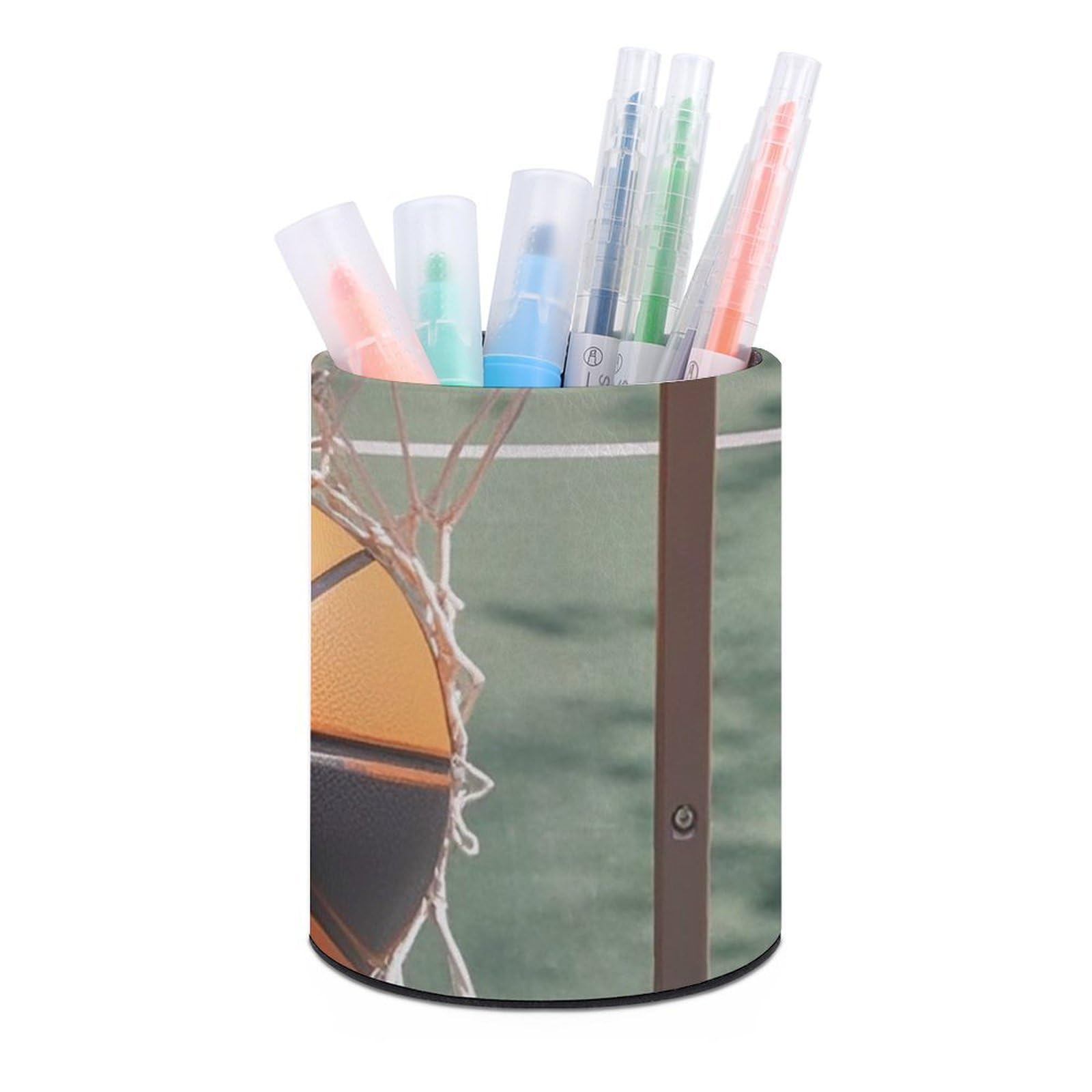 FekiLoot PU Leather Round Pen Holder Basketball Pencil Holder Desk Organizer Pen Organizer Pen Cup Pencil Cup Caddy Desktop Stationery Organizers for Office Home Supplies