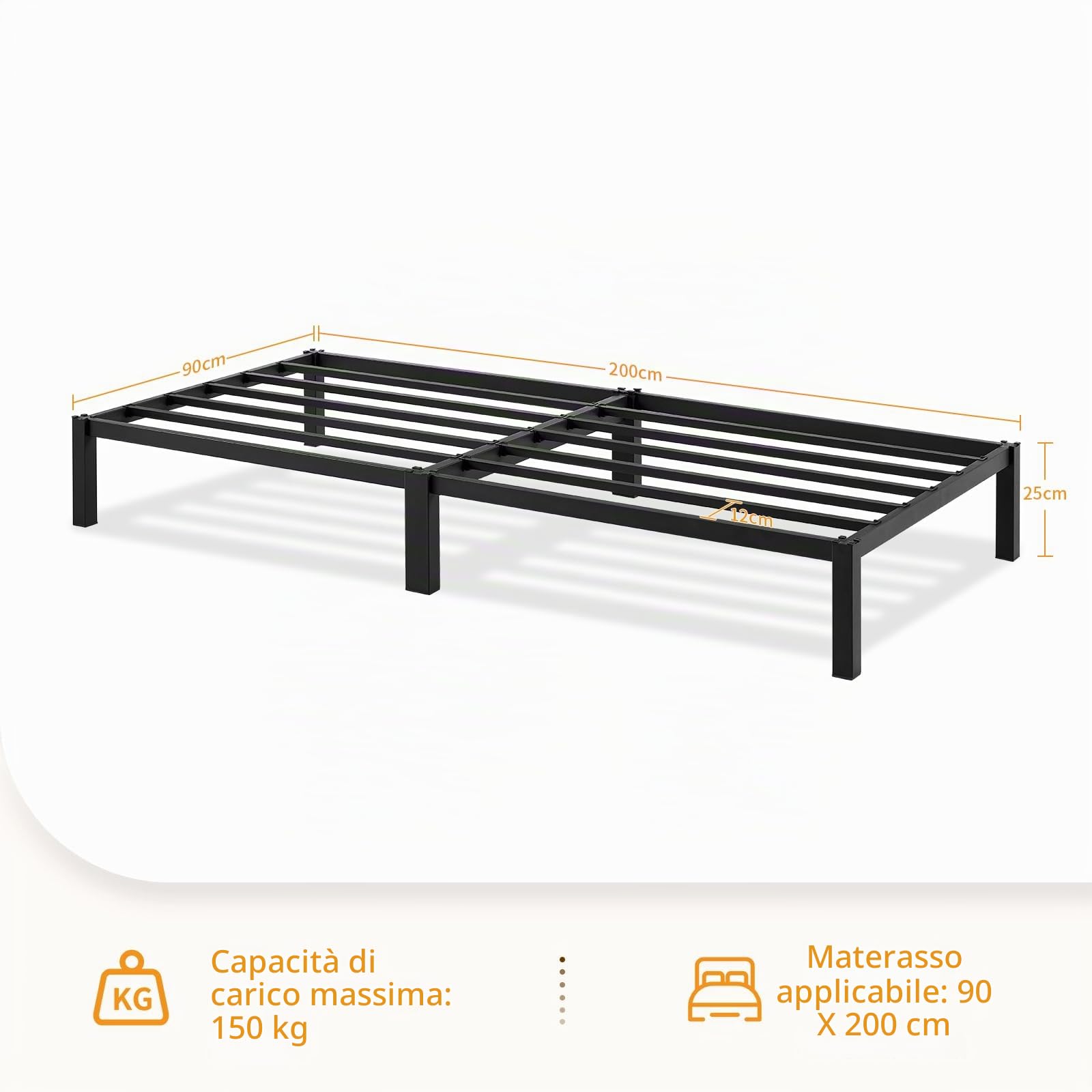 Struttura Letto 90x200 cm, piattaforma Letto a Doghe in Metallo, letto a blocchi, Letto Ospiti, Non sono necessarie viti o attrezzi per il montaggio, Nero Classico