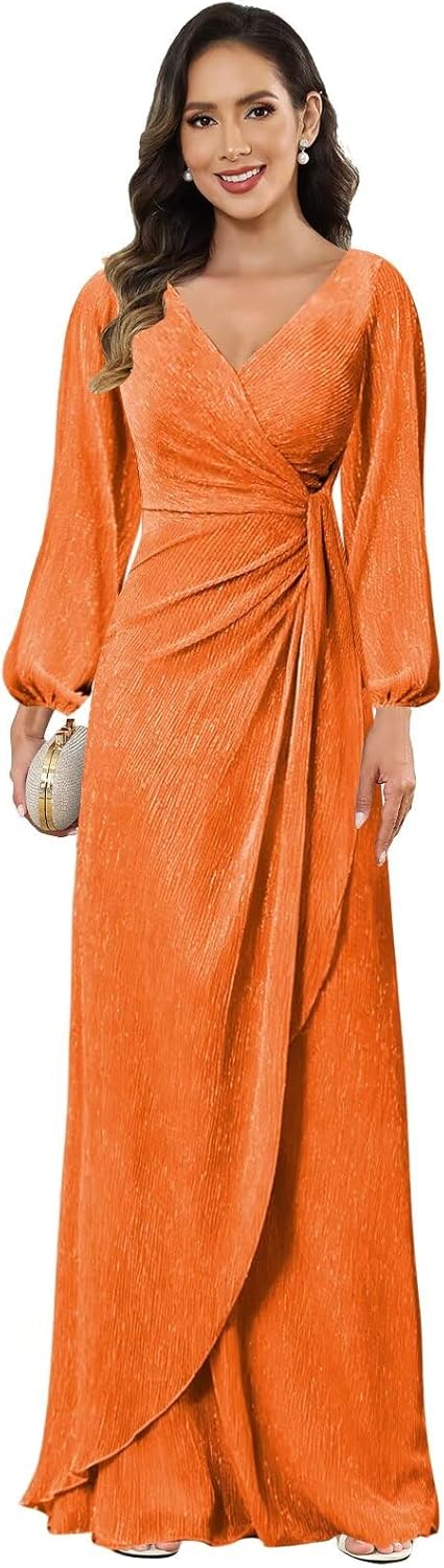 V Neck Mother of The Bride Dresses Long Sleeve Ruffled Sparkly Formal Dresses for Women