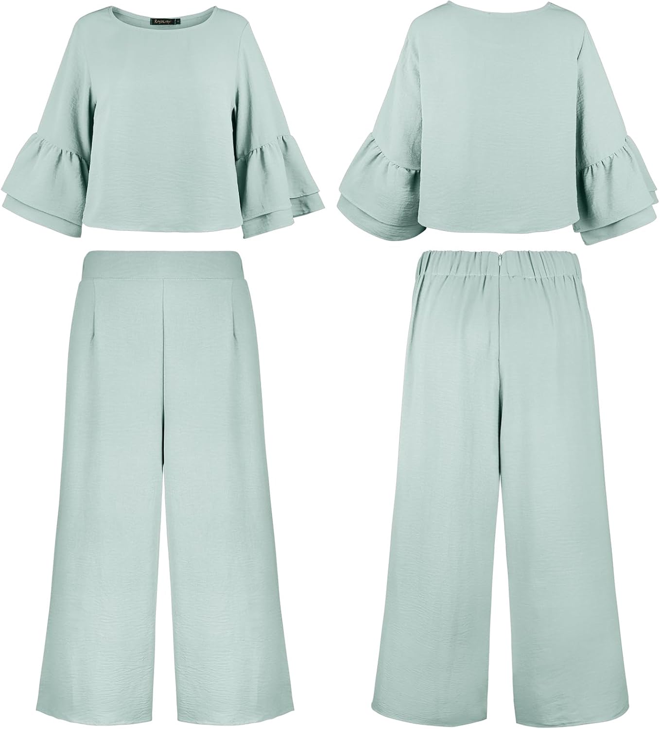 ROYLAMP Women's Summer 2 Piece Outfits Bell Sleeve Round Neck Crop Top Wide Leg Pants Set Matching Lounge Set with pockets - Image 6