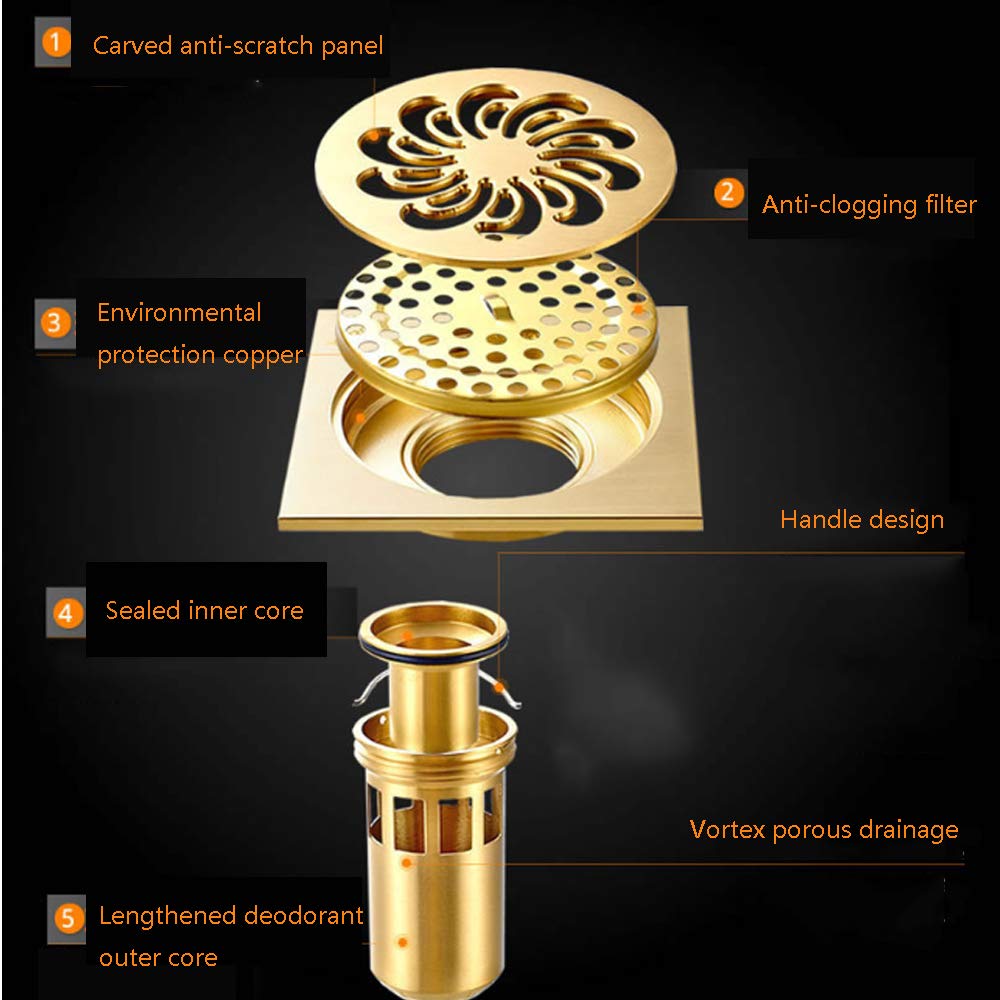 Duschablauf Messing 4 Zoll Quadrat Duschrinne mit Haarsieb Bodensiphon Duschablauf Gitter Bodenbefestigung Ablaufrinne für Badezimmer,Rose Gold