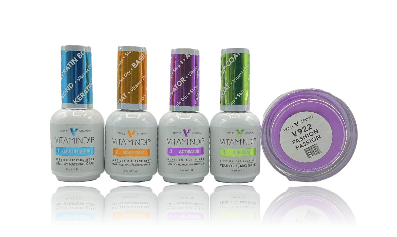 Triple Vitamin Dip Powder Nail Liquid Set 4 18ml with Fashion Passion Dipping Powder 2oz - Bond, Gel Base Activator Gel Top - NO LED UV LAMP Needed, Nail Dipping Powder DIY Professional Home Salon
