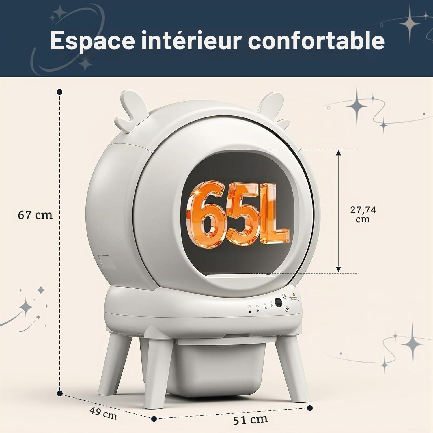 Litière Automatique pour Chat 65L Extra Grande – Auto-nettoyante, Application, Détection de Poids, Sécurité Enfant – pour Chats Jusqu’à 15,4 kg