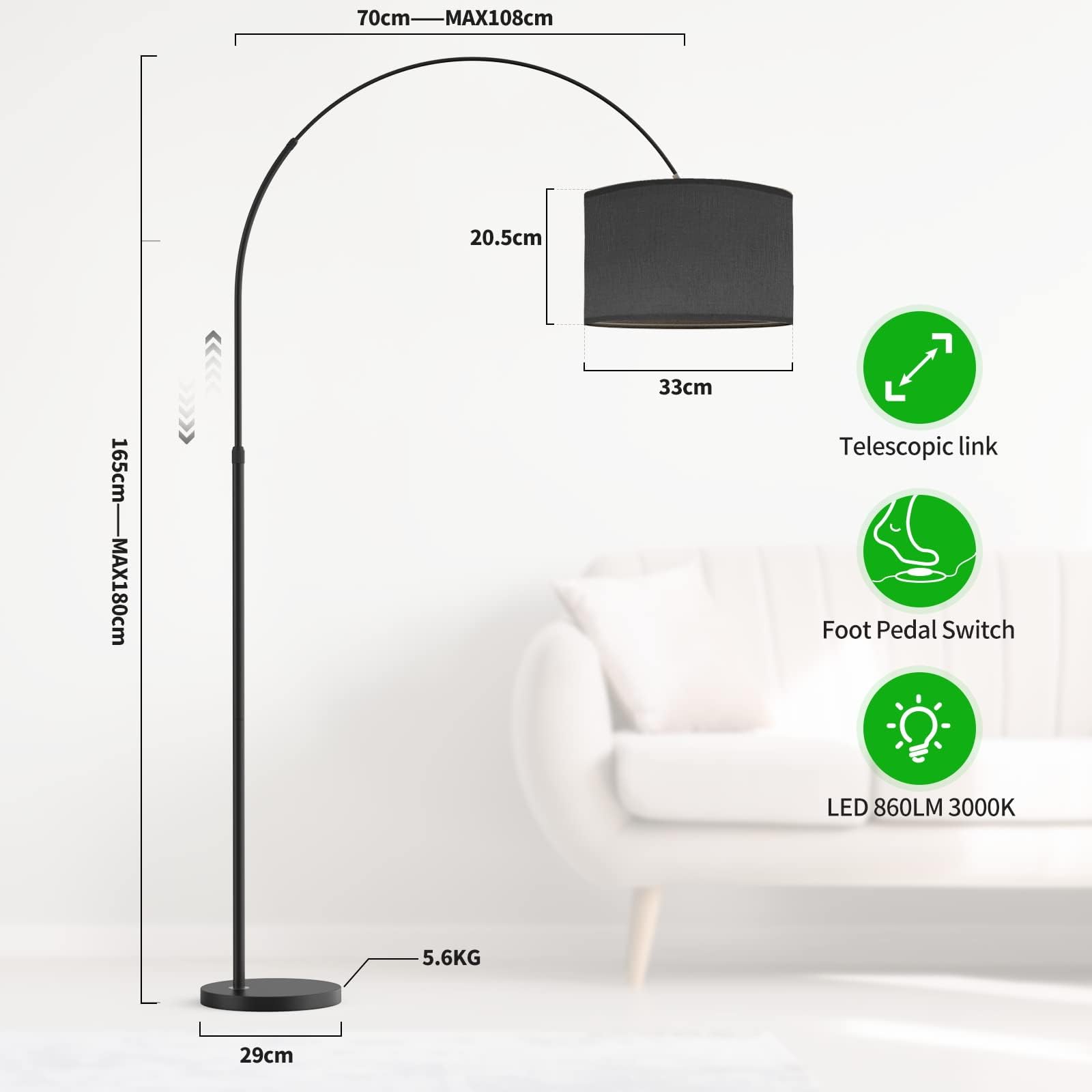 Modlicht Lampadaire Arc JASMIN | Lampe Sur Pied Classique | Ampoule LED E27 9W 3000K incluse | 33cm Abat-jour Noir | Interrupteur au pied | Lampe Arc adaptée pour Chambre, Bureau, Hôtel