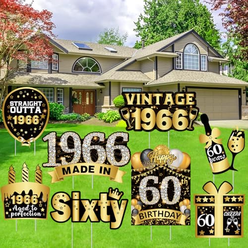 cocomigo 8pcs Black Gold 60th Birthday Yard Signs, 60th Birthday Decorations for Her Him, Lawn Signs with Stakes Made in 1966 Outdoor Lawn Sign Party Yard Decorations for Men Women Party Sup