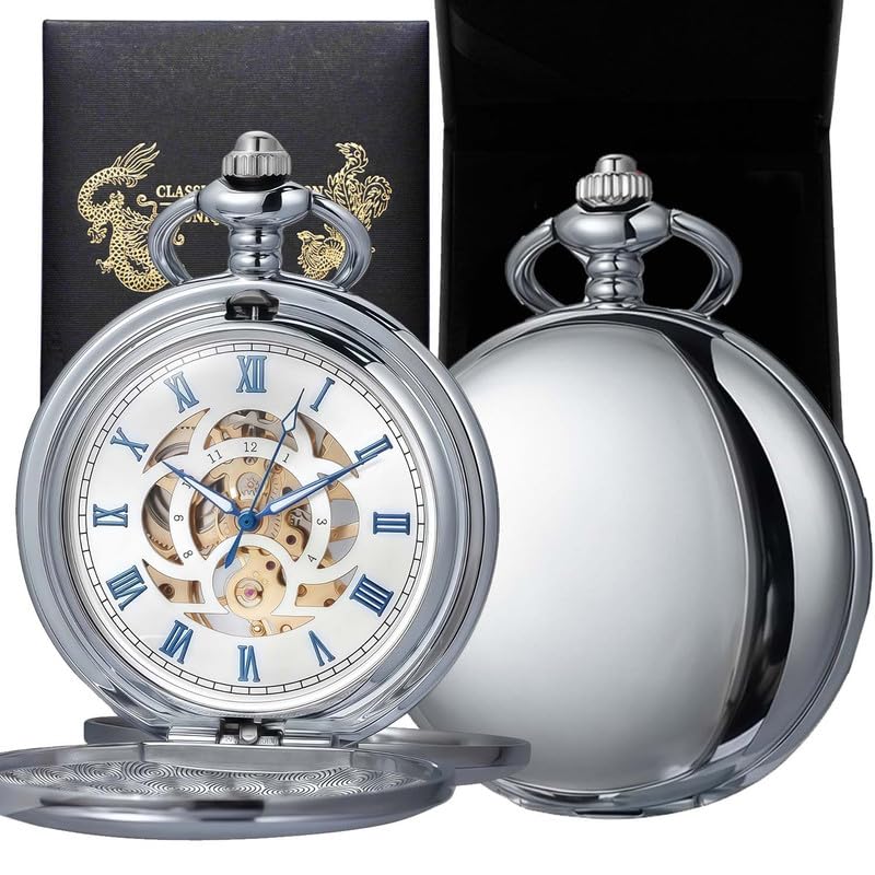 Mechanical Pocket Watch with Chain Retro Smooth Classic Handwind Roman Numerals for Men & Women Silver Blue-image-36