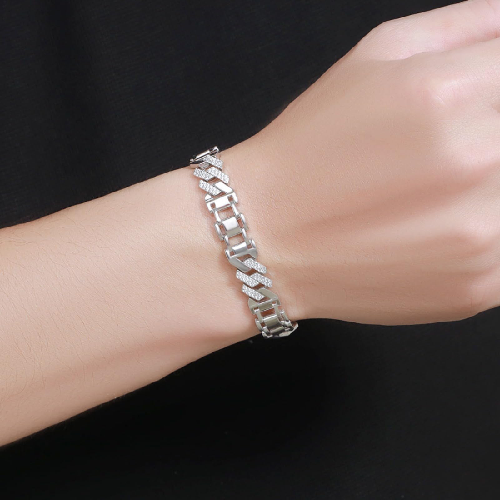Pulsera de eslabones cubanos para hombre, cadena transparente 5A+ CZ de imitación de diamantes para hombre, plata de ley 925 chapada en oro blanco de 18 quilates, joyería para hombre, 18-20
