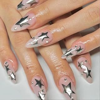 Medium Press on Nails Almond Shaped Y2k Fake Nails with Silver Star Rhinestones Design Full Cover False Acrylic Glue Stick on Nail for Women Girls 24Pcs