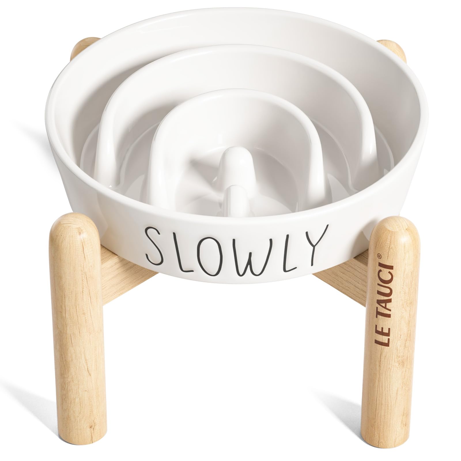 LE TAUCI PET Ceramic Elevated Slow Feeder Dog Bowl - 0.6 Cup Puzzle Feeder with Wooden Stand for Small Breeds, White Pet Dish