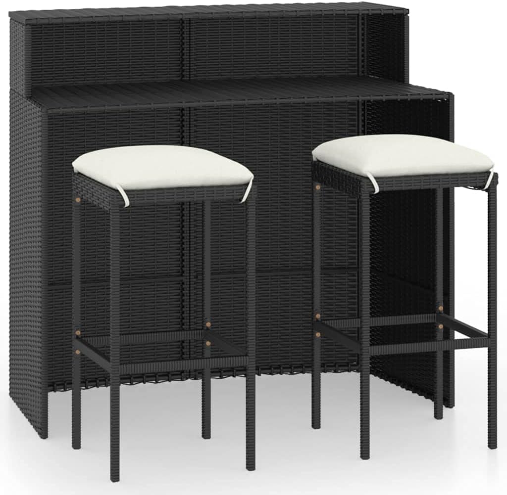 3 Piece Patio Bar Set with Cushions - Poly Rattan Outdoor Weather-Resistant Table and Stools Furniture Set for Garden Terrace Patio 47.2" x 21.7" x 43.3"
