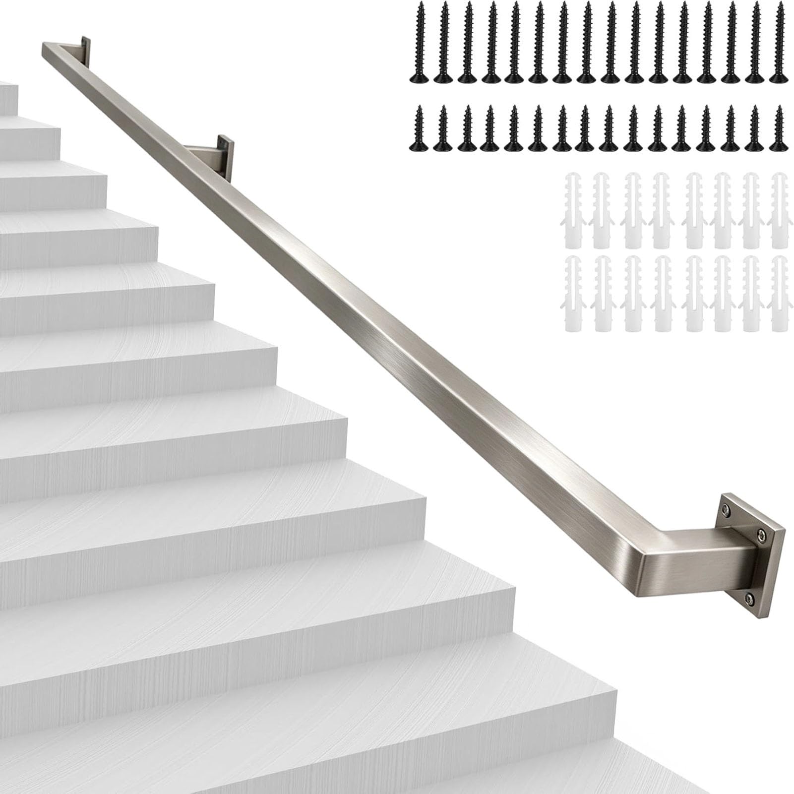 Junvstor Handrail For Stairs – Anti-Slip Wall Mounted Safety Stair Staircase Railing with Brackets, Stainless Steel Banister Rail for Loft Corridor Steps, 30cm 120cm 350cm 400cm 600cm(16ft/480cm)