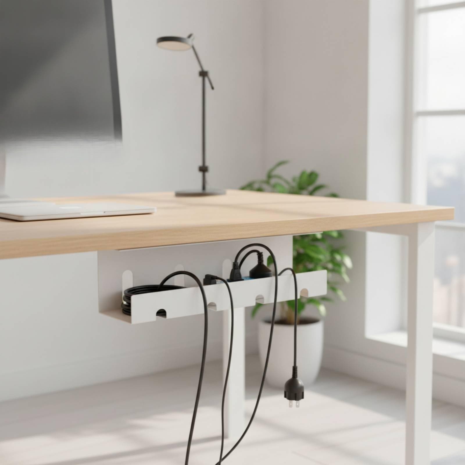 Soporte para Cables bajo la Mesa con Estructura Rectangular Cubierta y Laterales Resistentes para Evitar y en el Suelo Acuado para Uso Doméstico, Gris