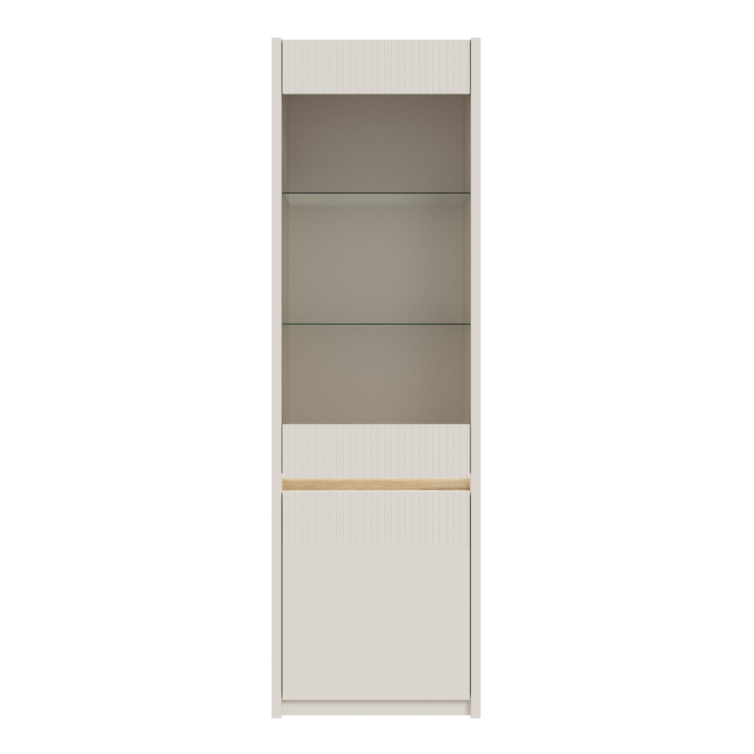Forte Oak SQUERE Vitrine 60, Elegante Wohnzimmervitrine mit 2 Türen, Glasfront und Beleuchtung, Holzwerkstoff, Mauvella Eiche Holzdekor/Sand, 60,6 cm breit x 197,9 cm hoch x 41,5 cm tief