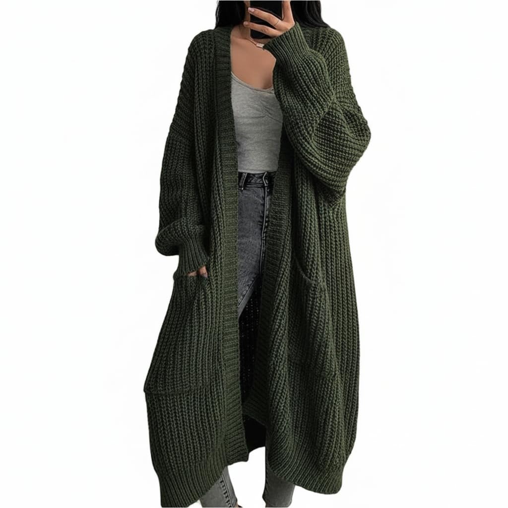 Womens Casual Open Front Chunky Knit Long Cardigan Sweater Fall Winter Lantern Sleeve Plus Size Outwear with Pockets