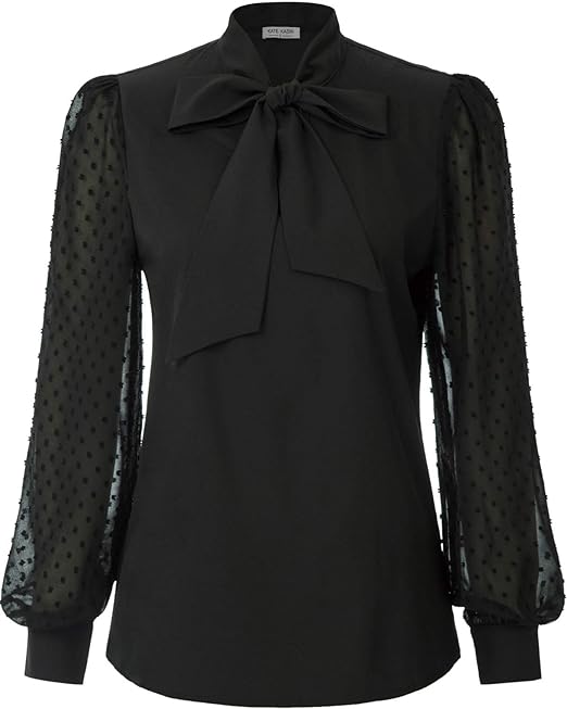 50s Shirts & Tops | 1950s Blouses & Knitwear Kate Kasin Womens Bow Tie Long Sleeve Blouse Swiss Dot Shirts Office Tops  AT vintagedancer.com