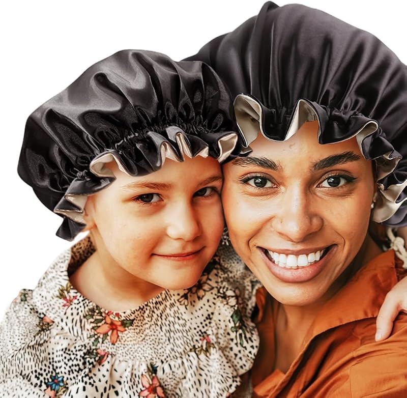 Conjunto de 2 Toucas de Cetim sent hair para Adulto e Criança, Dupla Camada, Preto e Champagne